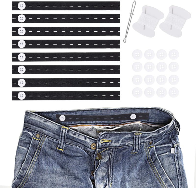 Dfqsofd 8Pcs Pant Waist Tightener, Waist Adjuster for Loose Jeans Elastic Waistband Adjuster Pants Extender Waistband Tightener with 16 Buttons, 2 Sewing Kit & 1 Thread Hook for Women Men - Image 1